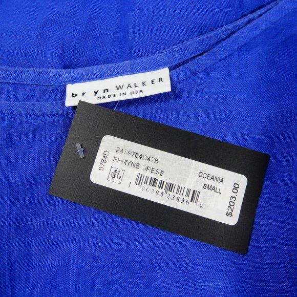 BRYN WALKER Phryne Shift DRESS Blue LINEN S M L Ruffled Bell Sleeve NEW $203 - Picture 4 of 7
